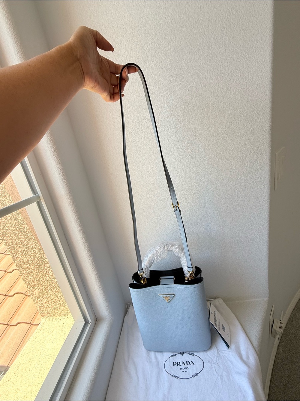 Prada Powder Blue Saffiano Leather Bucket Top-Handle Tote | Dust Bag | Authentic - Picture 9 of 11